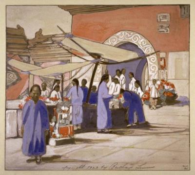 1923 (cat 84) Lung Fu Sou, Chinese Curio Market (peinture à l'eau opaque par dessus une photographie)